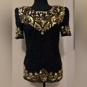 Elegant Black and Gold Beaded Sequined Top
